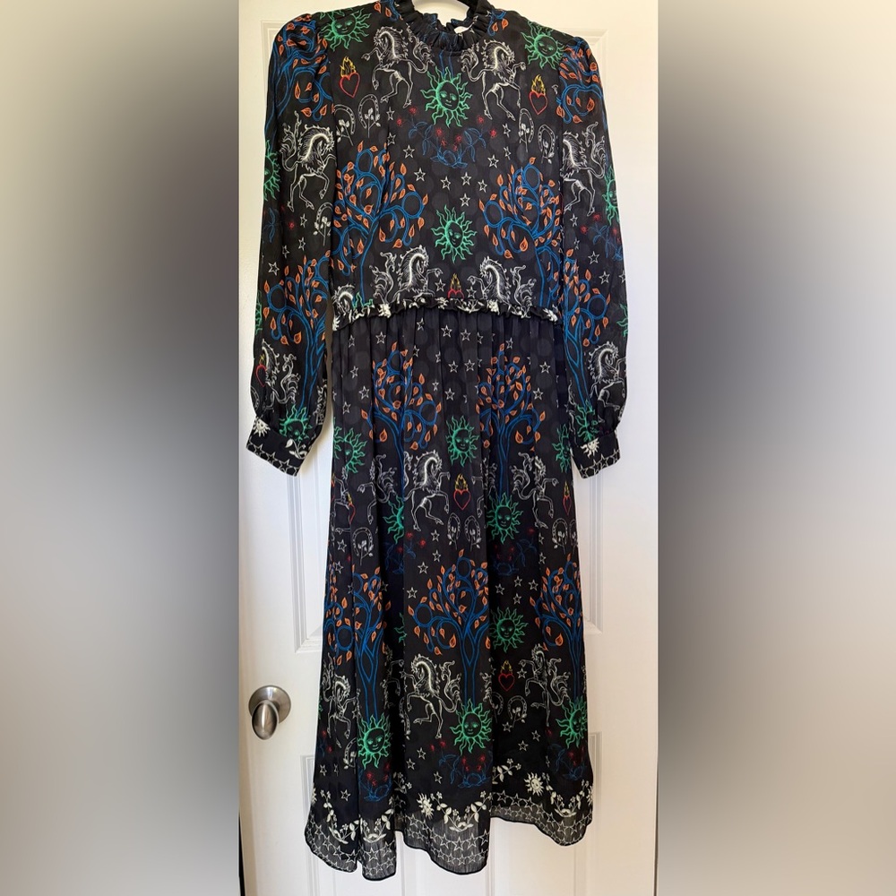 Sandro Black Multicolor Mystical Print Midi Dress [size 36]